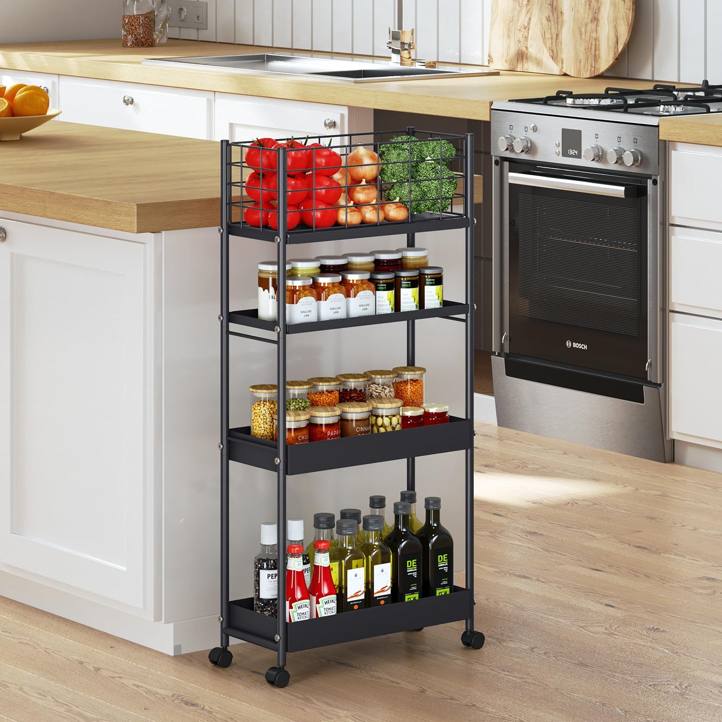 KINGRACK Slim Storage Cart, 4-Tier Metal Utility Rolling Cart with Wheels,Bathroom Organizer, Skinny Rolling Trolley, Mobile Shelving Unit for Office, Laundry Room, Narrow Place, Black