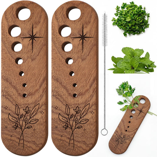 LemonRoad 2 Pcs Wooden Vegetable Leaf Separator Herb Stripper Tool Supplies with Cleaning Brush Wood Leaf Peeler Tool 7 Hole Sizes Fun Kitchen Gadget Herb Stripper Bowl Gifts for Home Cooks Chefs