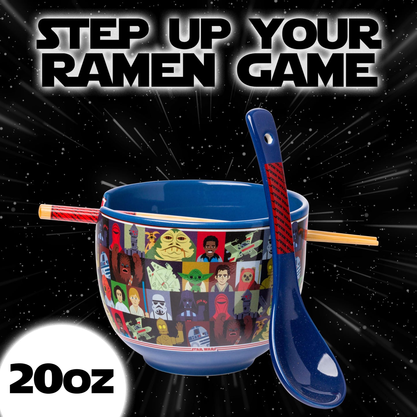 Silver Buffalo Star Wars Characters Ceramic Ramen Noodle Rice Bowl with Chopsticks and Spoon, Microwave Safe, 20 Ounces