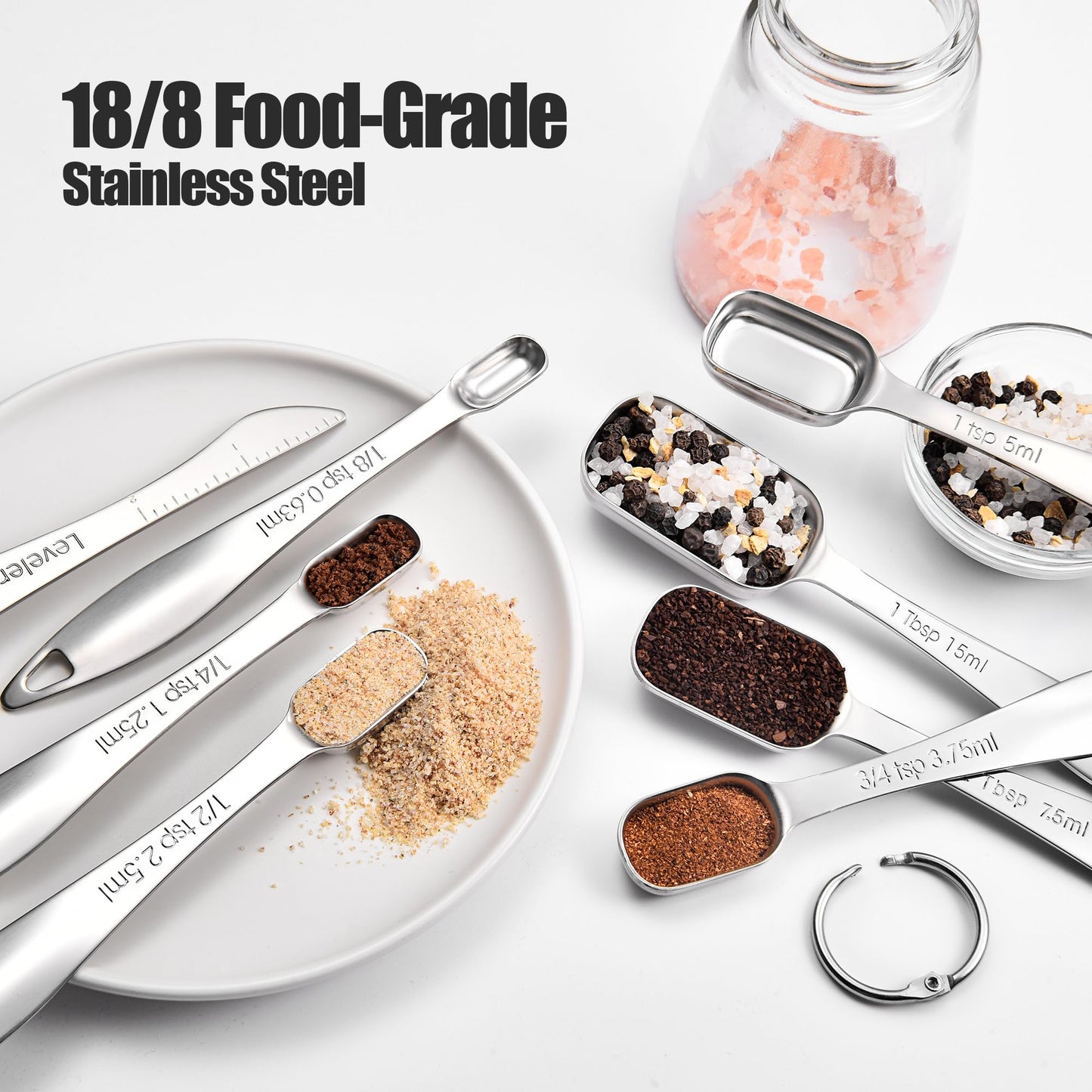18/8 Stainless Steel Measuring Spoons: Doosu Heavy Duty Rectangular Spoon Square Teaspoon Tablespoon Scoop with Slim Long Handle in Narrow Spice Jar for Kitchen Baking Cooking (Set of 8 with Leveler)