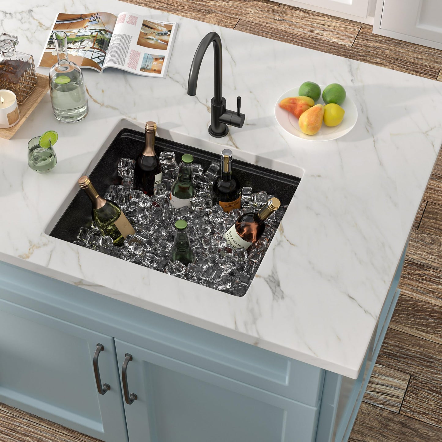 Fulorni 21"x18" Undermount Wet Bar Sink Workstation - Matte Black Granite Composite Quartz Classic Single Bowl Under Counter Small Kitchen Bar Prep RV Sink Basin