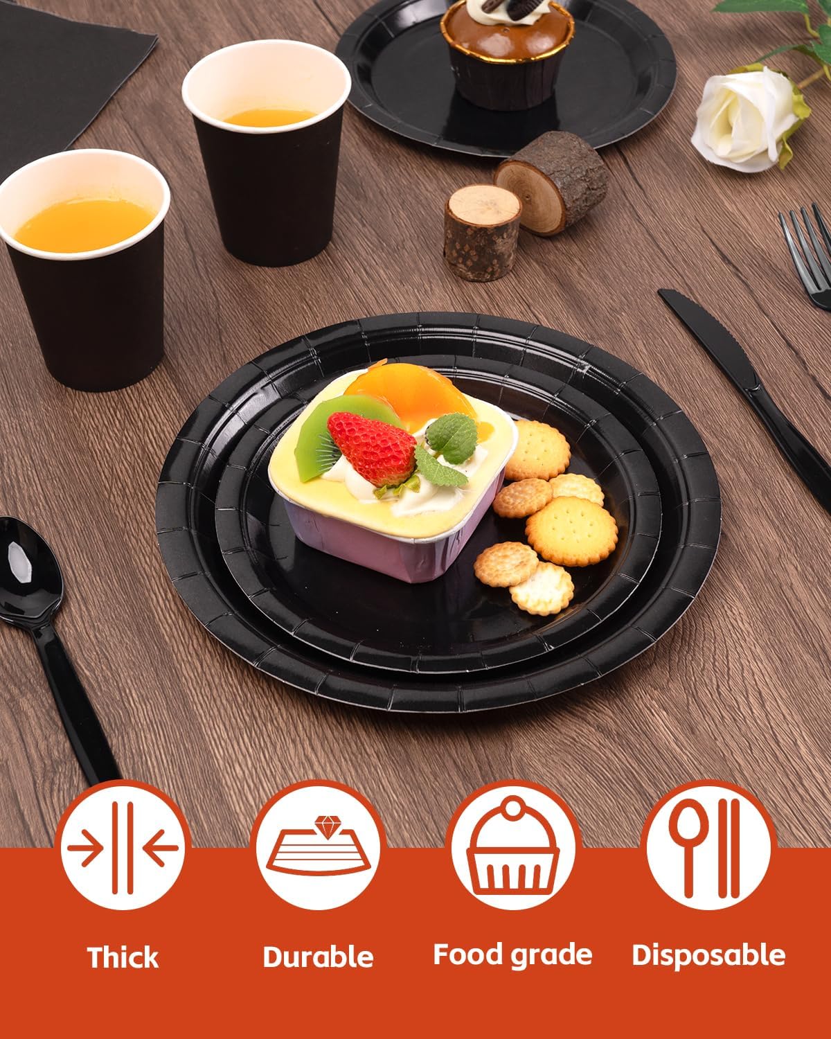 Lzerking Black Party Supplies Set 224 Pieces of Black Paper Plates, Cups, Napkins, and Heavy Duty Plastic Spoons Forks Knives for 32 Guests for Birthday, Graduation, Wedding, Festivals