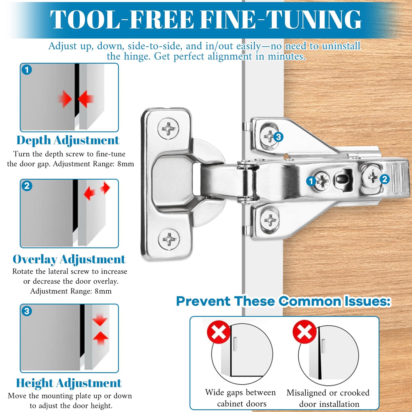 10 Pack 1/2'' Overlay Soft Close Cabinet Hinges – 105° 3D Adjustable Clip-On Concealed Cupboard Hinges for Kitchen Cabinet Doors, Hidden Cabinet Door Hinges with Screws