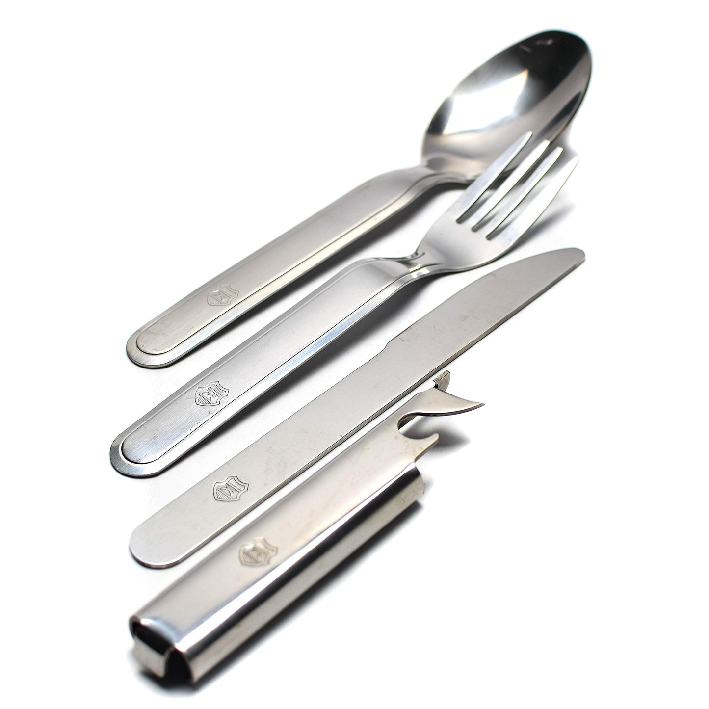 Original Hungarian army cutlery set 4 pieces. Eating utensils military issue spoon fork knife kit flatware multi-tool Camping bottle can opener stainless steel NEW