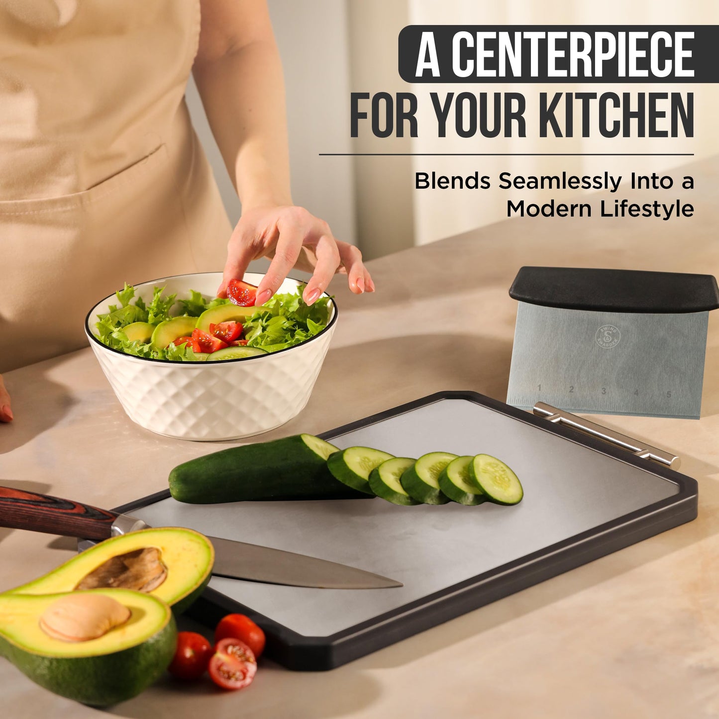 Titanium Cutting Board for Kitchen with Scraper – 16” x 11” Double-Sided Metal Cutting Board with Steel Handle, Large Prep Surface