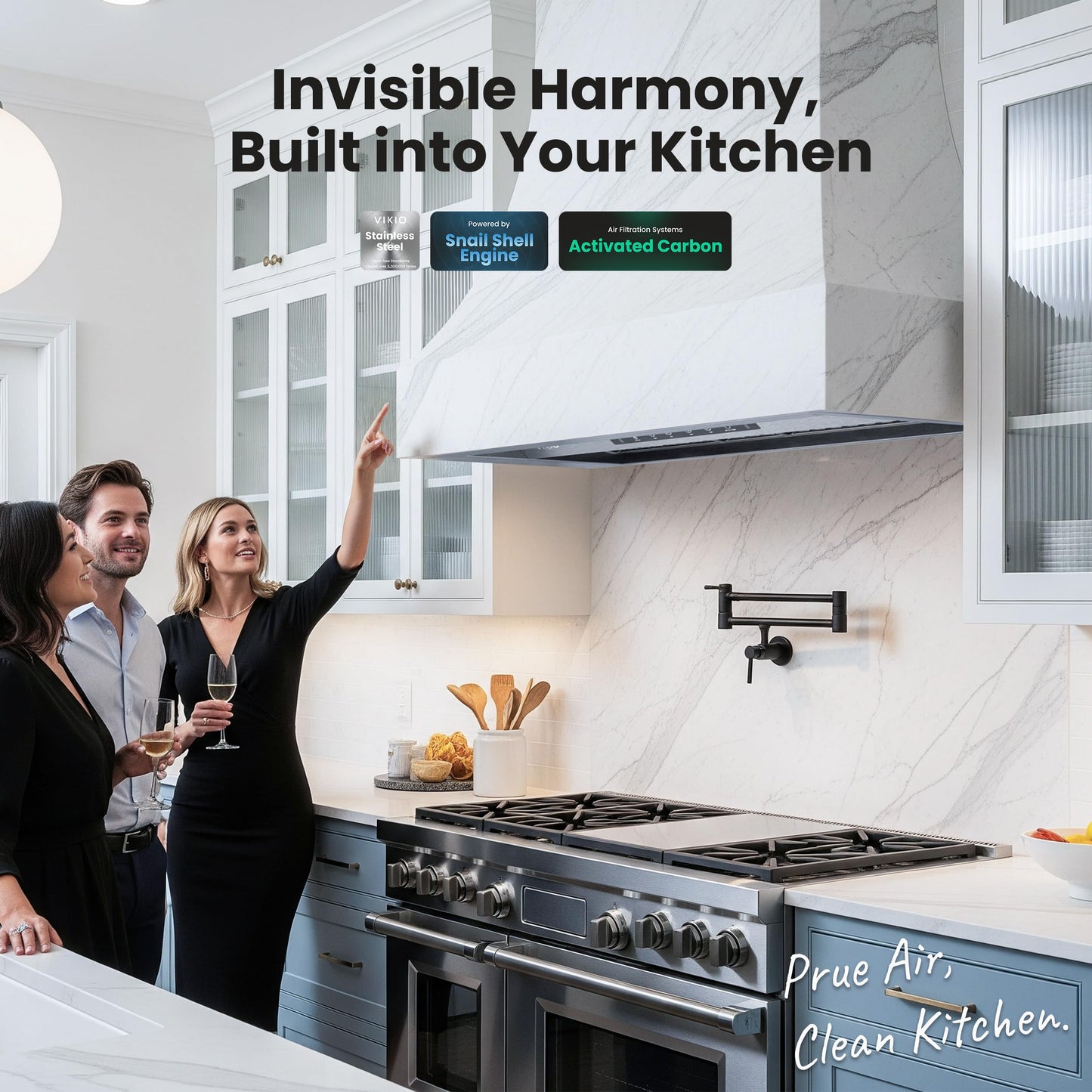 VIKIO HOME Range Hood Insert 30 Inch,Built-in Kitchen Hood with 980 CFM, Ducted/Ductless Convertible Duct,Stainless Steel Kitchen Vent Hood/Gesture/Touch Control, 2 Pcs Baffle Filters with Handlebar