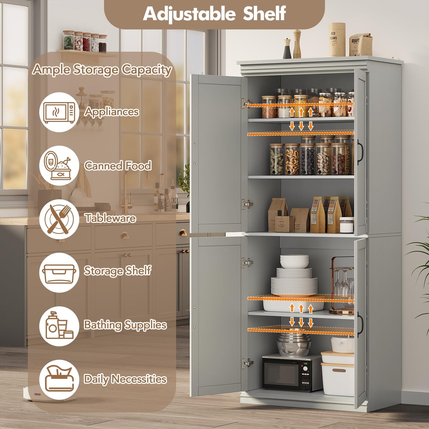 GarveeHome Pantry Cabinet, Freestanding Kitchen Pantry Storage Cabinet,70 in Cupboard, Tall Storage Cabinet with Doors and Adjustable Shelves, for Bathroom, Dining Room, Living Room, Gray