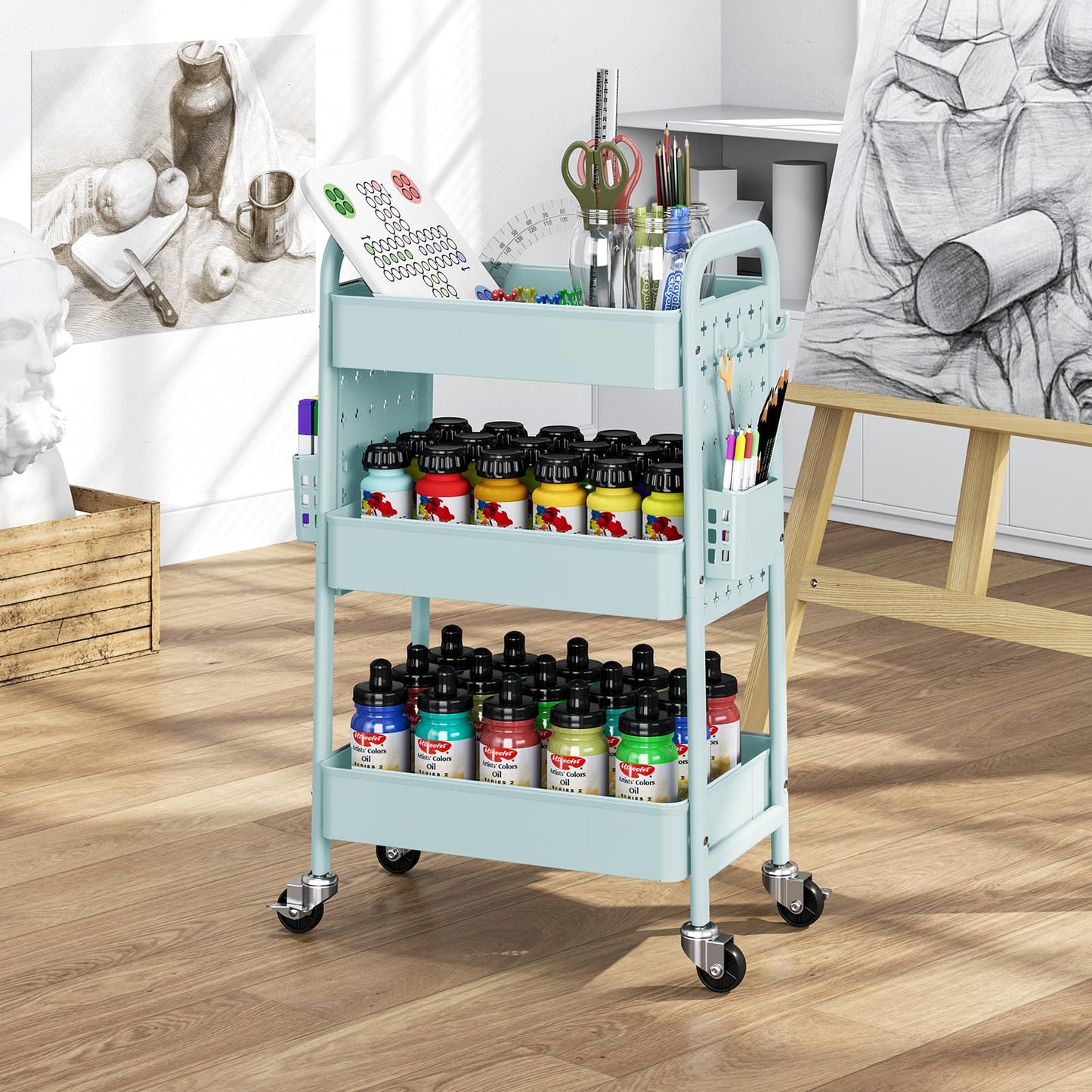 TOOLF Metal Rolling Storage Cart, 3-Tier Utility Mobile Cart with DIY Pegboards, Serving Trolley Cart with Baskets Hooks, for Kitchen, Bathroom, Office, Home, Classroom (Mint Green)