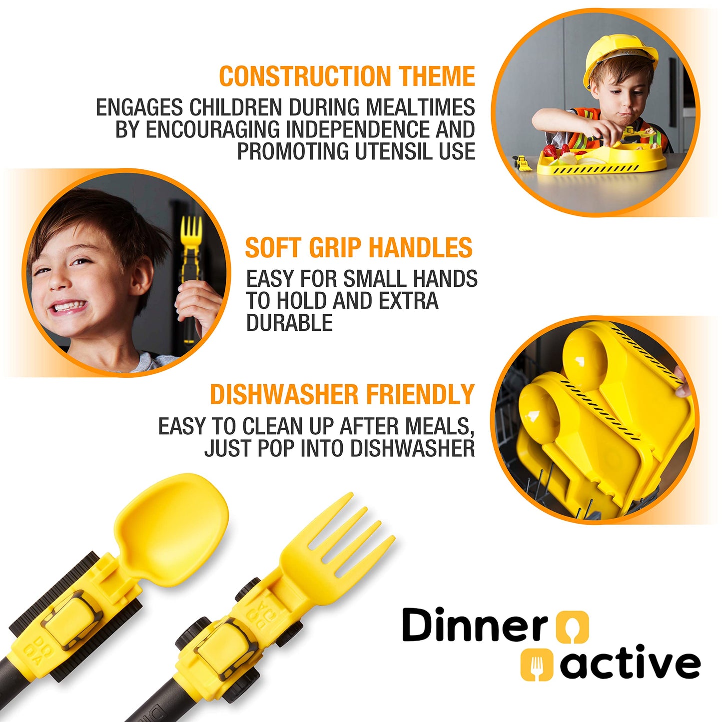 Dinneractive Utensil Set for Kids – Construction Themed Toddler Forks and Spoons, Toddler Utensils – 2-Piece Set – Yellow Construction Utensils For Toddlers - Loader & Tractor Toddler Spoons and Forks