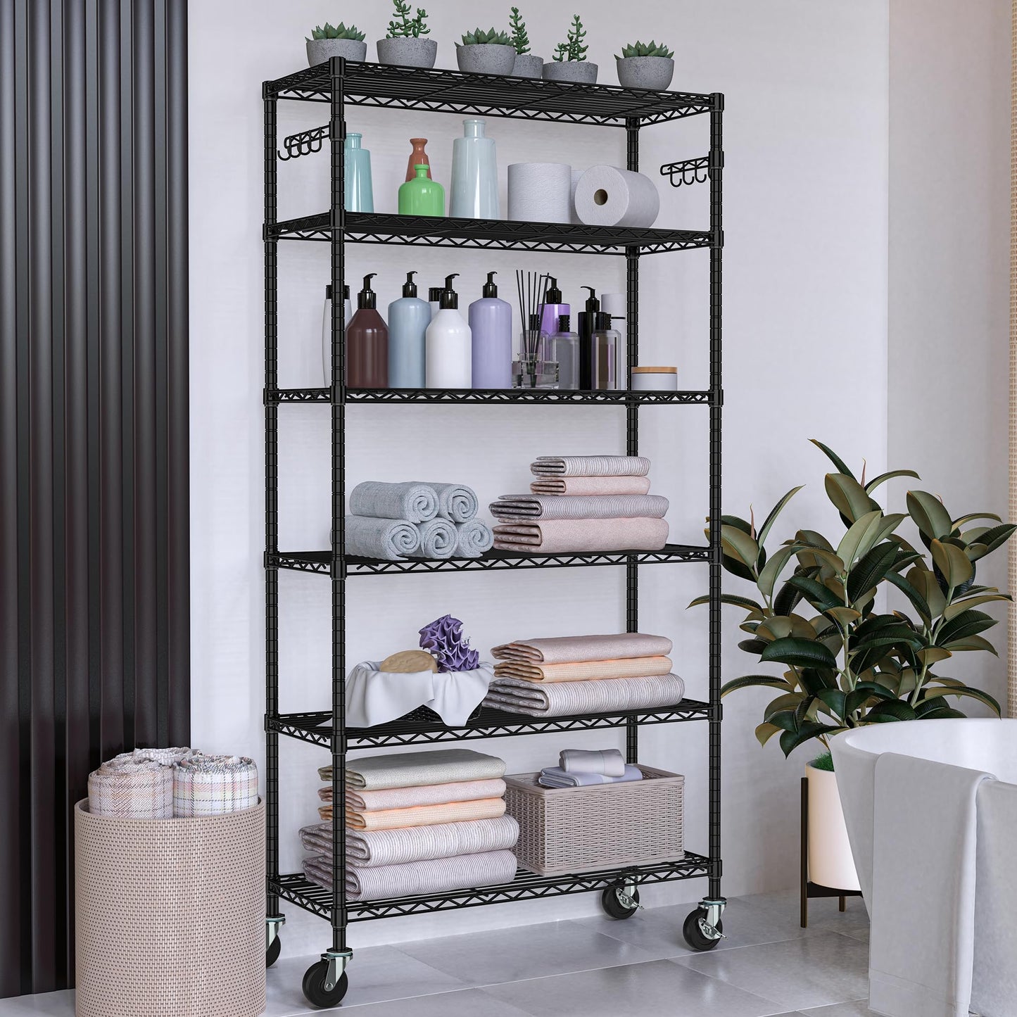 Alexayhome Heavy Duty Wire Metal Shelving with Wheels 6 Tier Garage Storage Utility Rolling Shelves Rack Unit Industrial Adjustable Sturdy Shelving for Kitchen Garage Pantry Bathroom Laundry