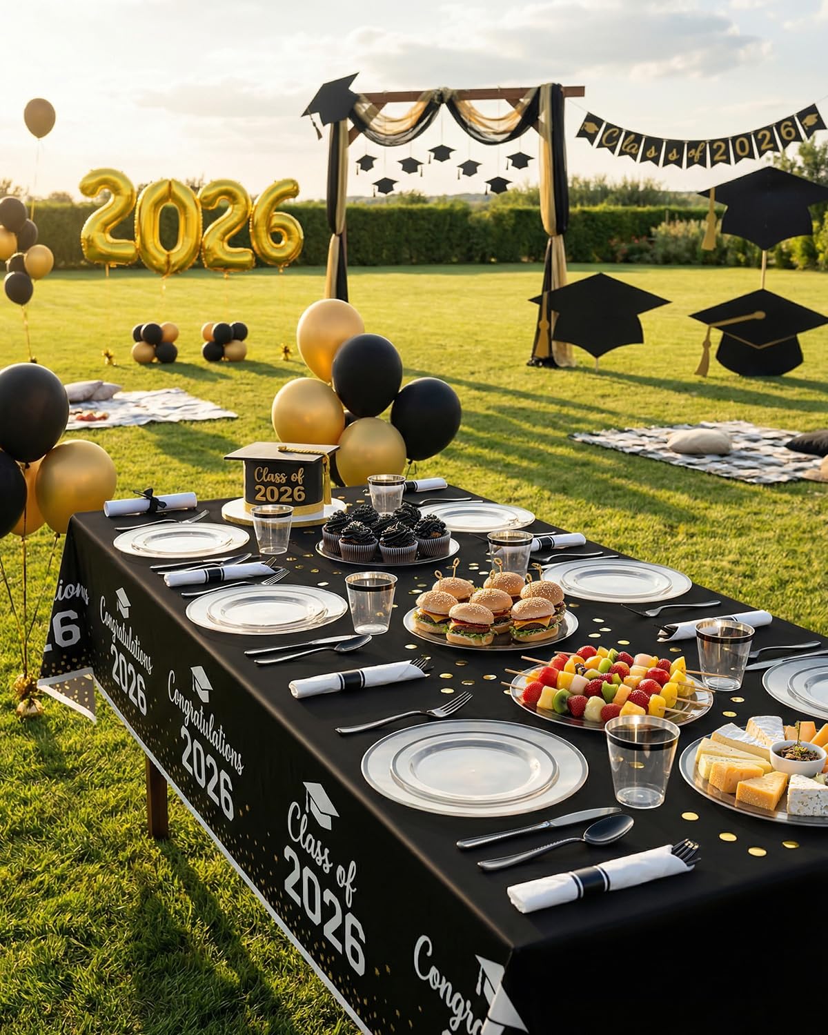 BESTSTAR 350PCS Clear and Black Disposable Plates Set for 50 Guests, 100 Plastic Plates, 50 Plastic Cups, 50 Pre-Rolled Napkins with Cutlery for Graduation Party, Thanksgiving, Birthday, Halloween