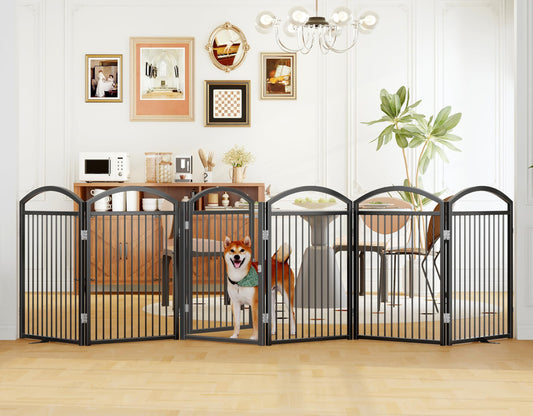 THKKY Folding No-Assembly Freestanding Dog Gate with Door,32" Heights Foldable Pet Fence,144" Extra Wide Accordion Puppy Folding Playpen for Doorways,House,Stairs (6 Panels,Black)