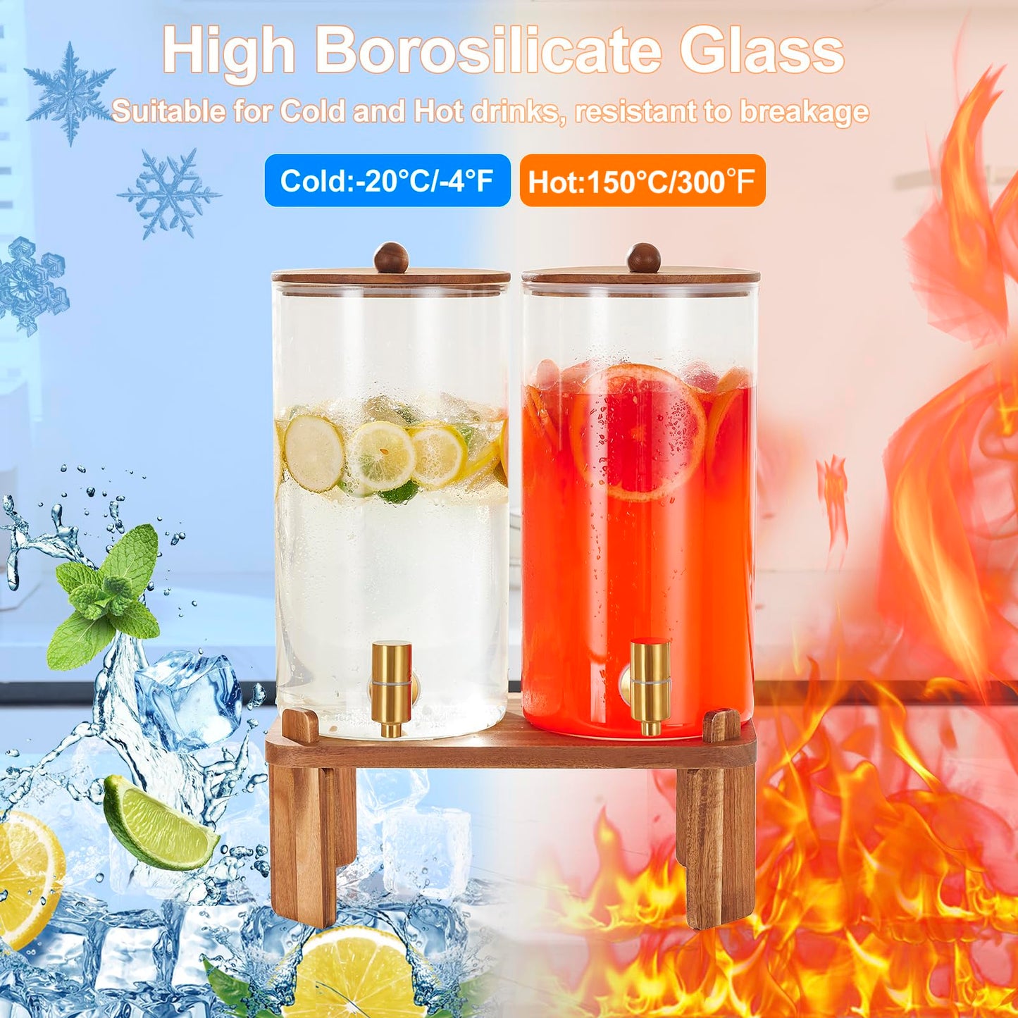 2 PCS 1.5 Gallon Drink dispenser, Glass Beverage Dispenser With Wood Stand, Large Water Drink Dispensers for Parties With Stainless Steel Spigot, Ideal for Lemonade,Juice, Tea, and Party Drinks