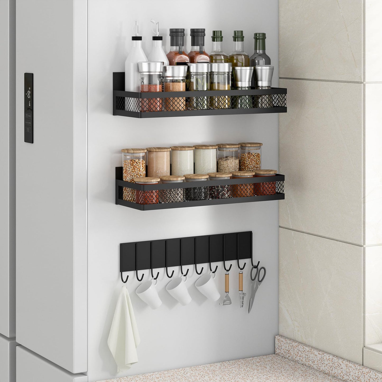 Maluoliao 3 Pack Strong Magnetic Spice Rack for Refrigerator on Oven, Movable Kitchen Organizers and Storage for Spices Shelf, Wall Mounted Spice Rack Metal Fridge Shelf for Kitchen in Black