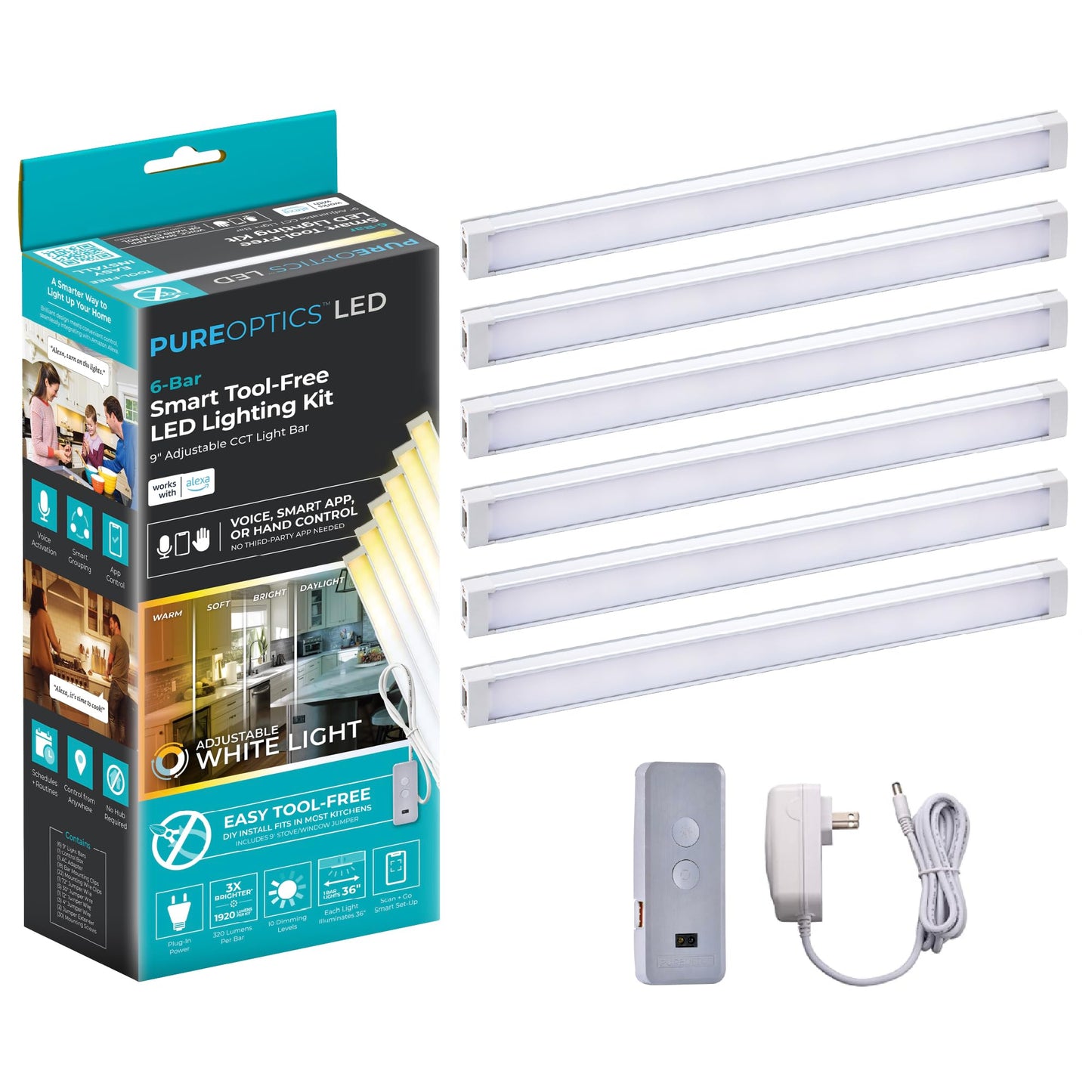PureOptics LED Works with Alexa Smart Under Cabinet Lighting Kit, Adjustable LEDs, (6) 9" Bars, White