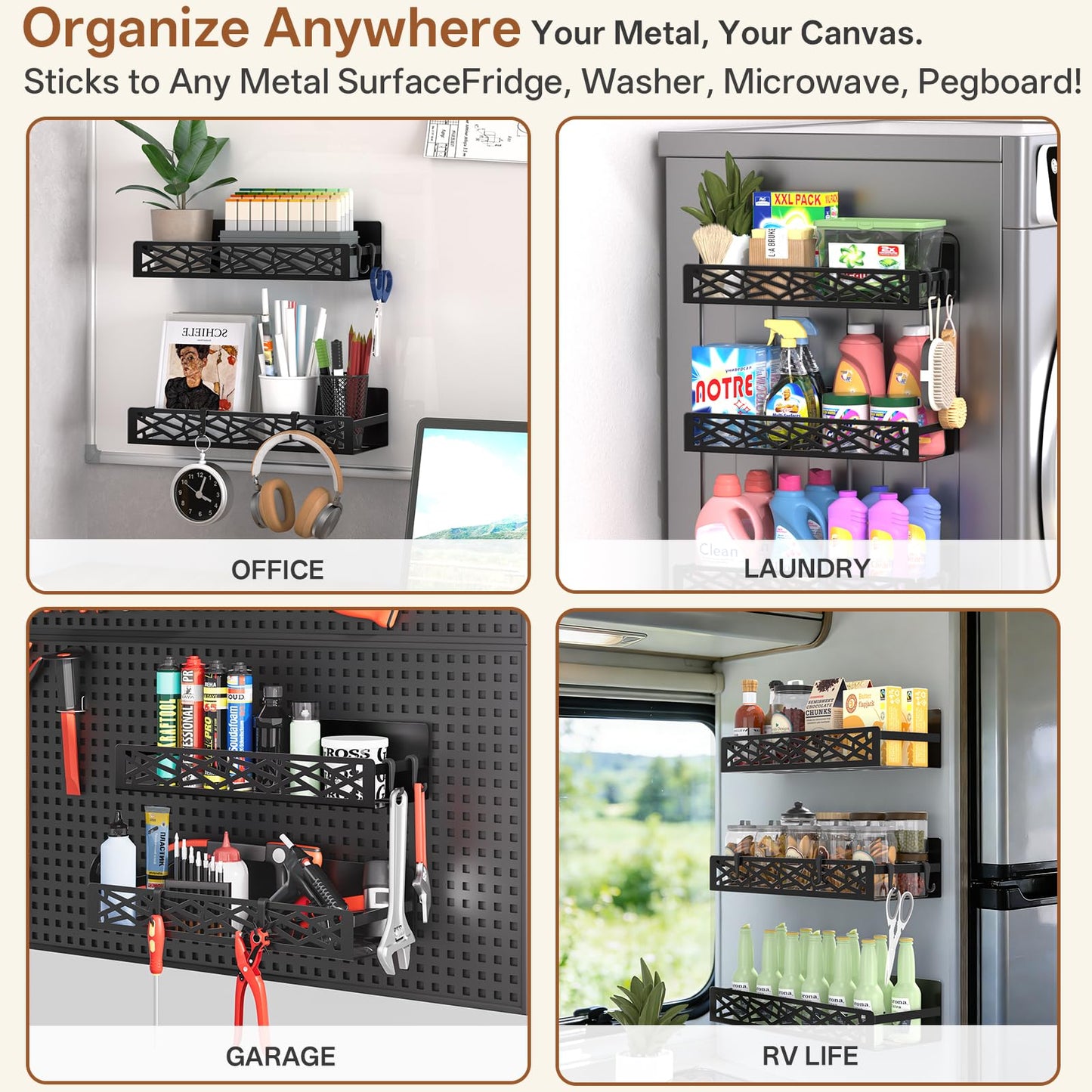 DTUQYX 4 Pack Magnetic Spice Rack for Refrigerator, Heavy Duty Metal Magnetic Fridge Spice Rack Organizer with 4 Hooks, No Drilling Rustproof Spice Storage for Kitchen Organization,11LB Load Capacity