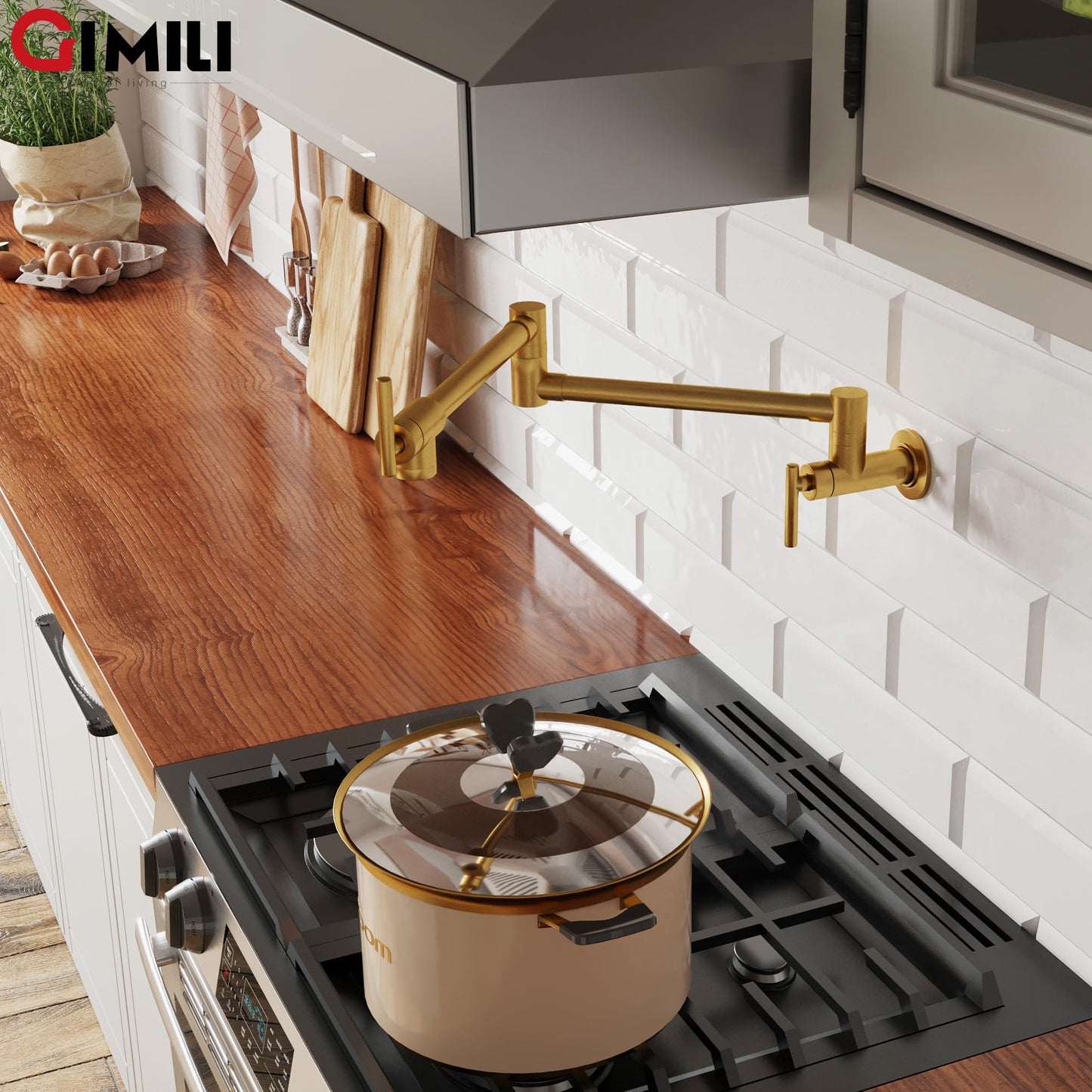 GIMILI Pot Filler Gold Commercial Wall Mount Faucet Folding Double Joint Swing Arm Pot Filler Rotatable Wall Faucet