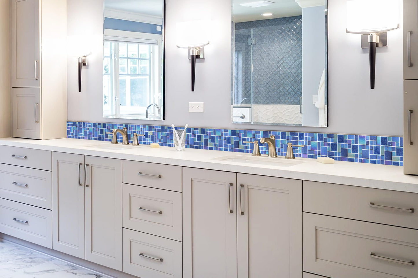 Blujellyfish Blue Glass Mosaic Tiles French Pattern Square Mosaics Sheets Iridescent Cobalt Blue Crystal Glass Ceramic Accent Wall Tile for Swimming Pool Kitchen Bathroom Backsplash (5 Square Feet)