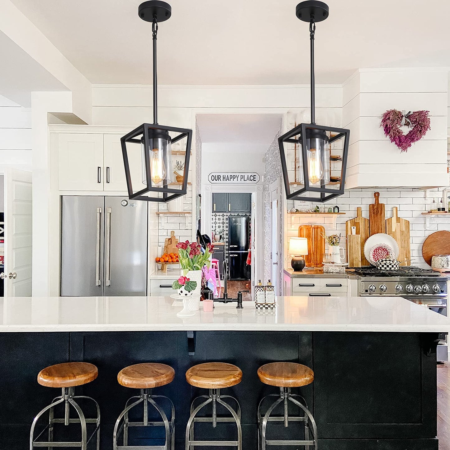 SGLfarmty 1-Light Black Pendant Lights Kitchen Island, Modern Farmhouse Cage Metal Adjustable Lantern Hanging Light Fixture with Glass Shade for Over Sink Dining Room Entryway Hallway