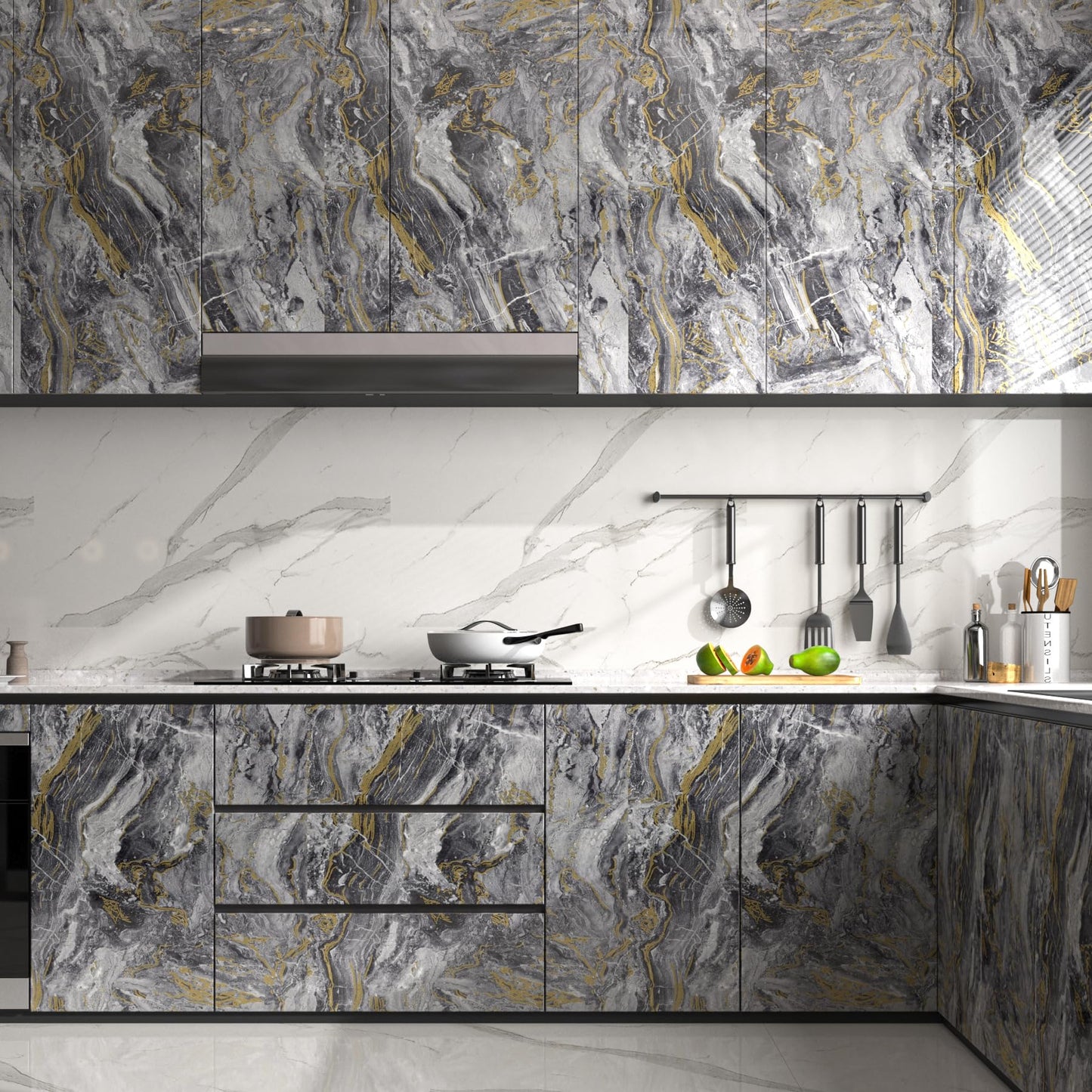 Decotalk 24x120 Inch Glossy Countertop Contact Paper - Grey Marble Contact Paper for Countertops Gold Marble Wallpaper Peel and Stick Counter Top Wrap Waterproof Grey Marbles Wallpaper