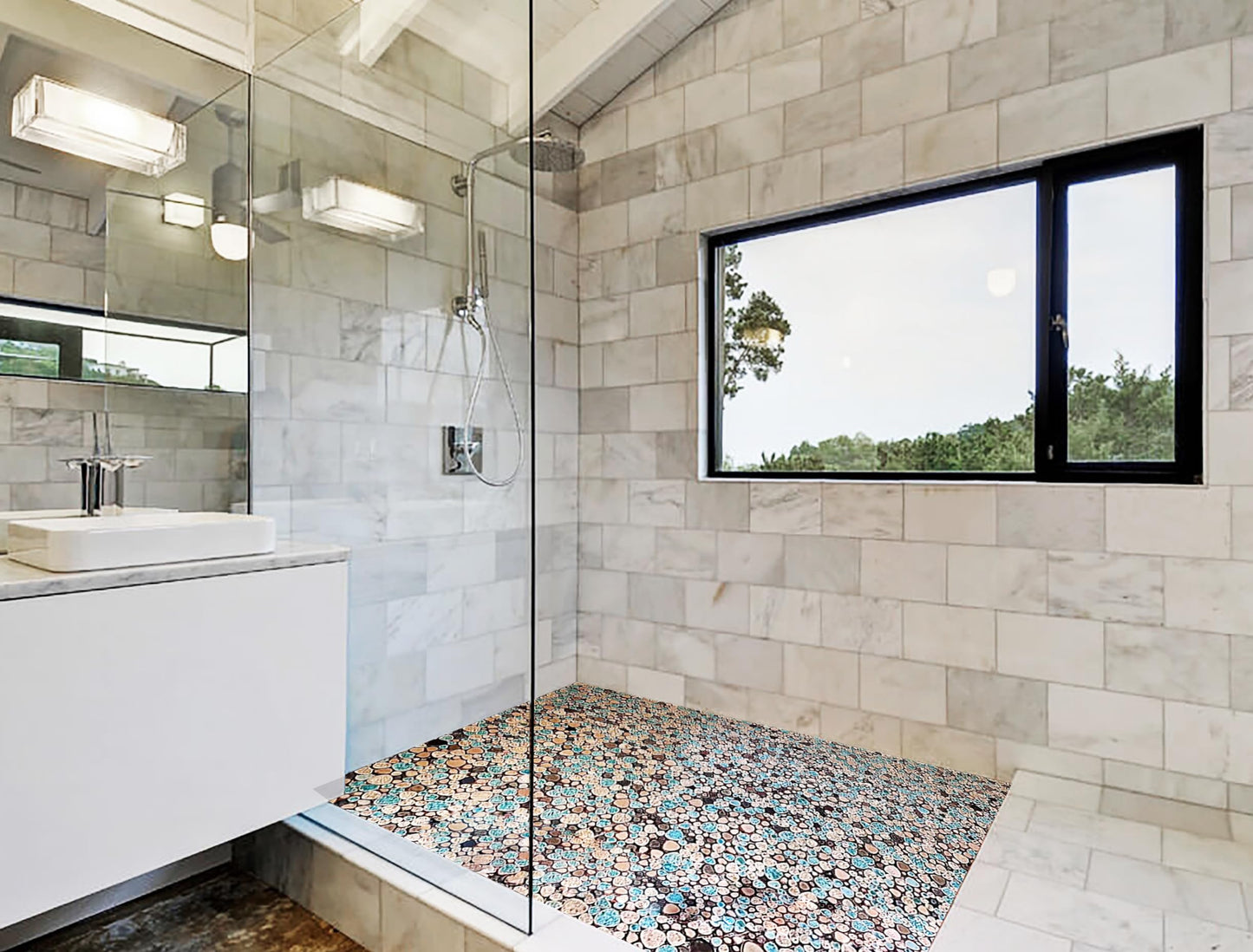 Blujellyfish Pebble Porcelain Tile Fambe Turquoise Green Beige Shower Floor Pool Alley Tiles Mosaic TSTGPT005 (5 Square Feet)
