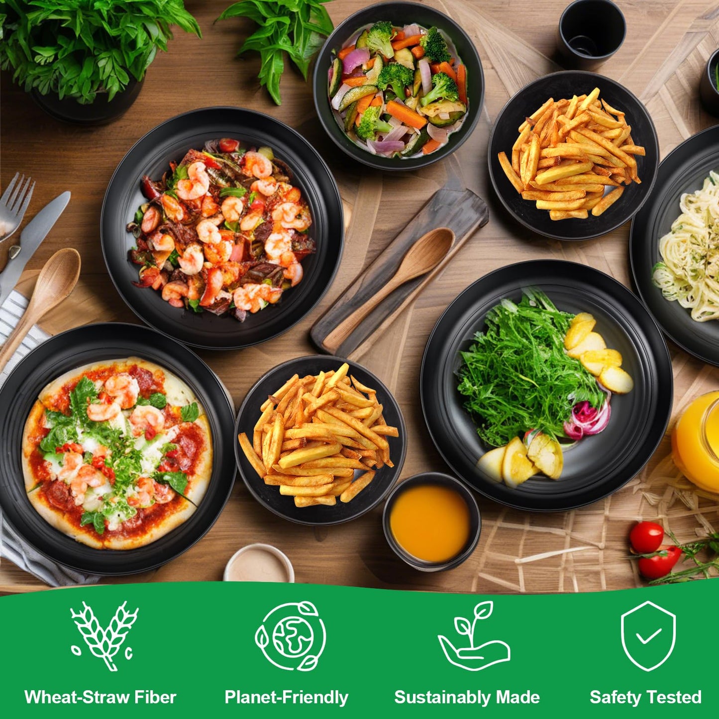 LIYH Black Plastic Wheat Straw Dinnerware Sets Unbreakable Dinner Plates for 4 Black Plates and Bowls Set Include Wheat Straw Plate Bowls Cups Dish Set for Kitchen&Camping