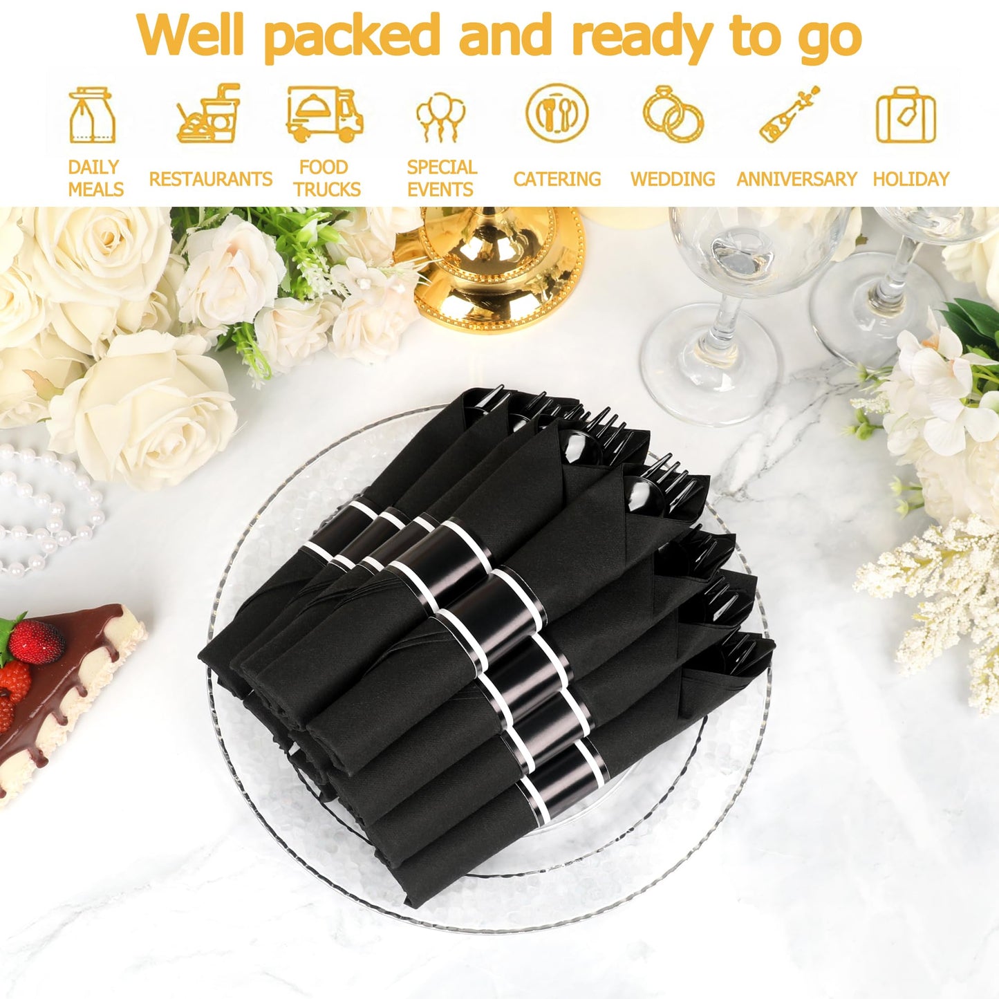 Dlebay 50 Pack Pre Rolled Black Plastic Silverware Set,Wrapped Plastic Cutlery Set with Napkin Include 50 Forks,50 Spoons,50 Knives and 50 Black Napkins for Party,Wedding