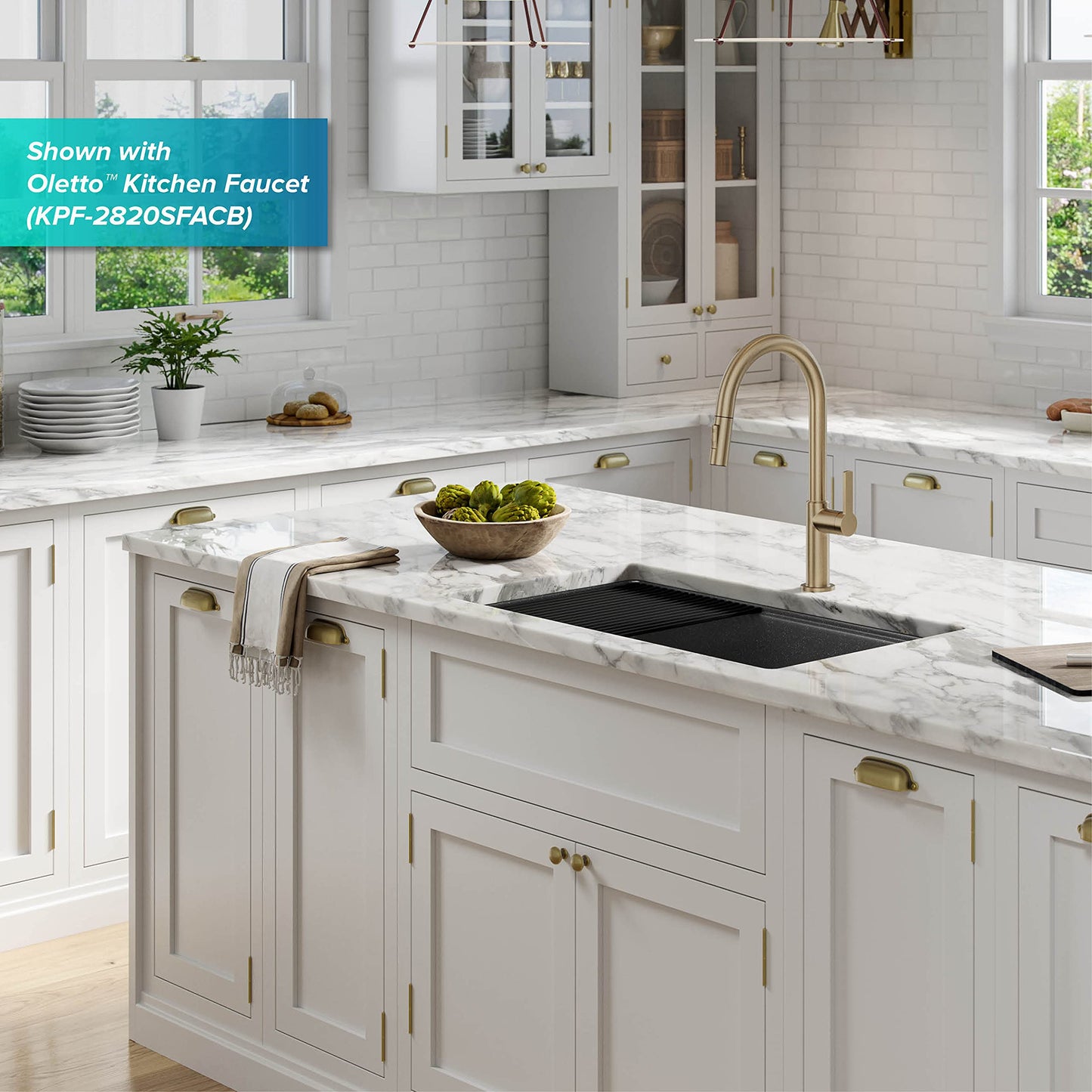 KRAUS Bellucci 32” in. Undermount Workstation Granite Kitchen Sink in Metallic Black with Accessories, KGUW2-33MBL