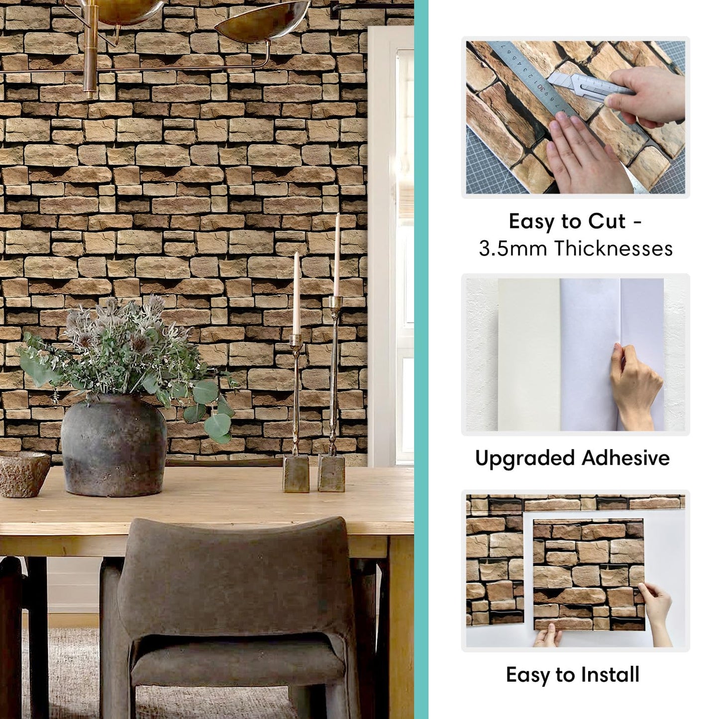 Commomy 3D Faux Stone Wall Panel Peel and Stick Wall Tiles - Fake Stone Wall Sticker 10 Pcs of 11.8" x 11.8" Thin Ultralight PVC Rock Wall Covering Kitchen Backsplash,Living Room,Interior Wall Decor