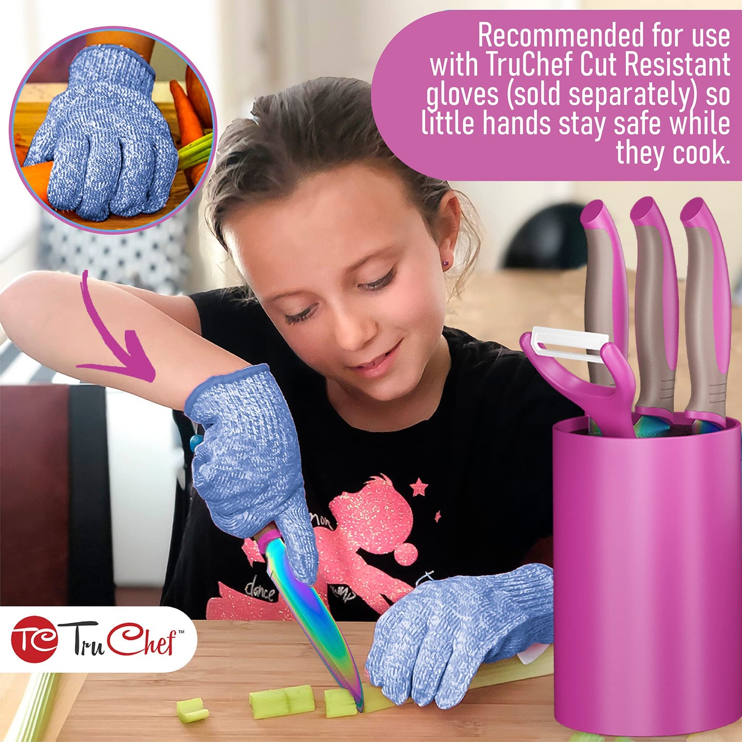 TruChef 5-Piece Kids Knife Set for Real Cooking | Stainless Steel Chef, Paring & Serrated Knives with Peeler & Holder | Safe Junior Chef Cooking Set for Kids (5 pcs, Pink)