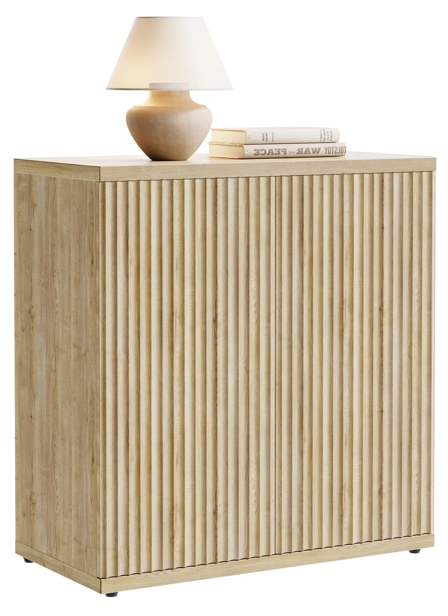 RUMBALUXY Fluted Buffet Cabinet Sideboard with Storage, Wooden Credenza with 2 Doors & Adjustable Shelf, Modern 15" Deep Accent Cabinet for Living Room, Kitchen Dining Room Entryway,Natural Oak