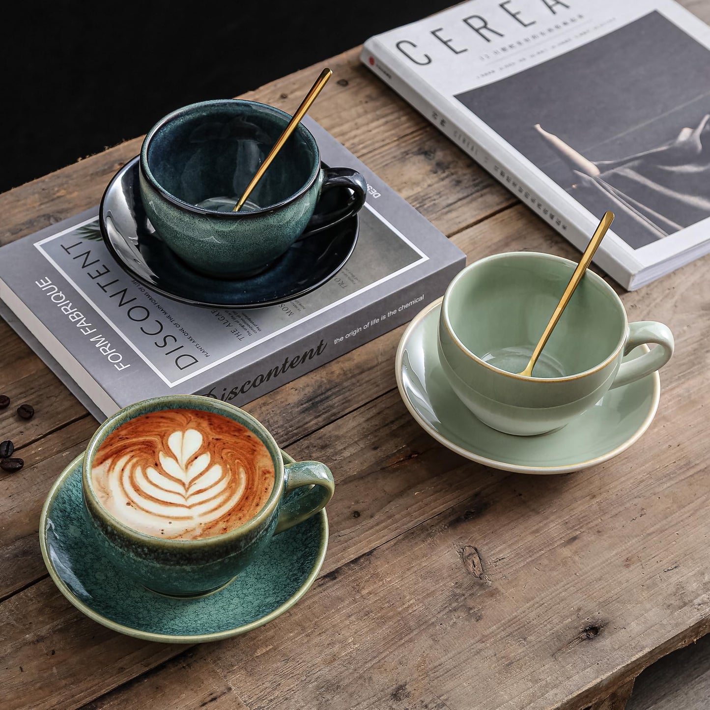 Tvvtuww Porcelain Coffee Cup with Saucer Spoon, Vintage Design Ceramic Latte Art Cappuccino Barista Espresso Tea Cup with Saucer (11.6 oz, 350ml, White Both Green)