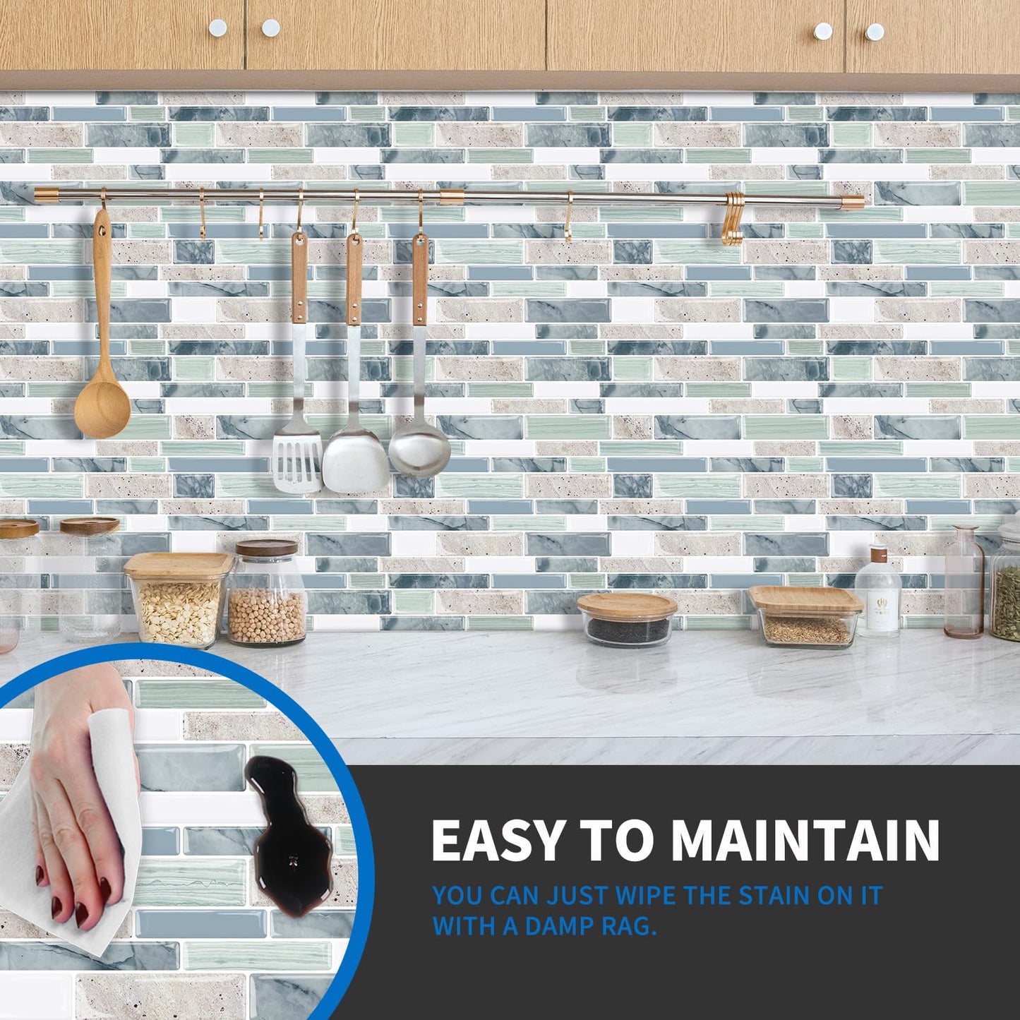 10-Sheet Peel and Stick Kitchen Backsplash Tiles, 3D Waterproof Self Adhesive Wall Tile Stick on Backsplash for Kitchen and Bathroom(Sage Green,12"×12")