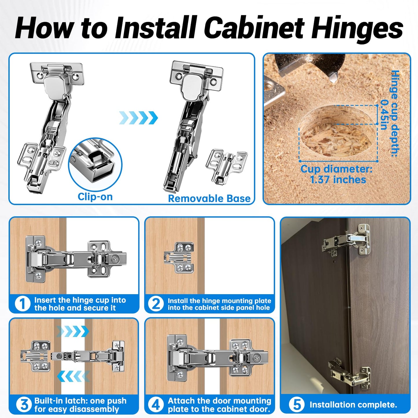 TopDirect 4 Pack Frameless Kitchen Cabinet Hinges,170 Degree Concealed Hydraulic Dampened Closing Door Hings for Closets,Storage Cabinet,Bookshelf Full Overlay Folding Cabinet Hinge Buffer Damper
