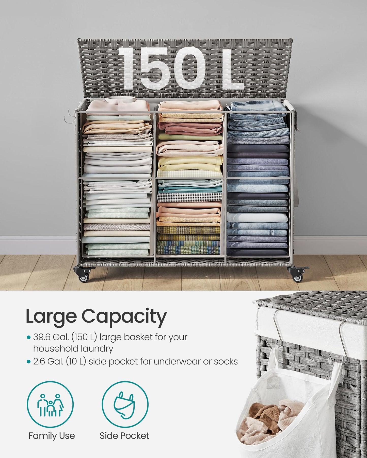SONGMICS Laundry Hamper with Lid, 42.3 Gallons (160 L), Rolling Laundry Basket with Wheels, 3-Section Synthetic Rattan, Removable Liner, Bedroom, 29.9 x 13 x 26 Inches, Gray ULCB365G01