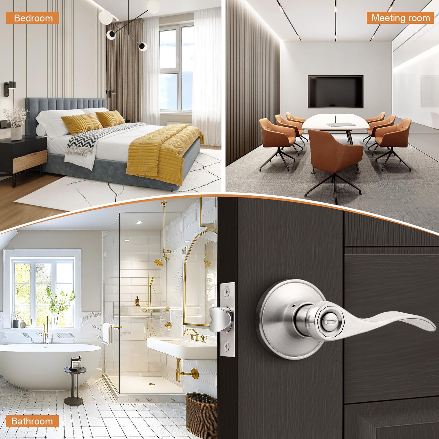 Probrico Satin Nickel Wave Style Privacy Door Levers Bath/Bed Door Handles, Interior Keyless Door Locksets, 3 Pack