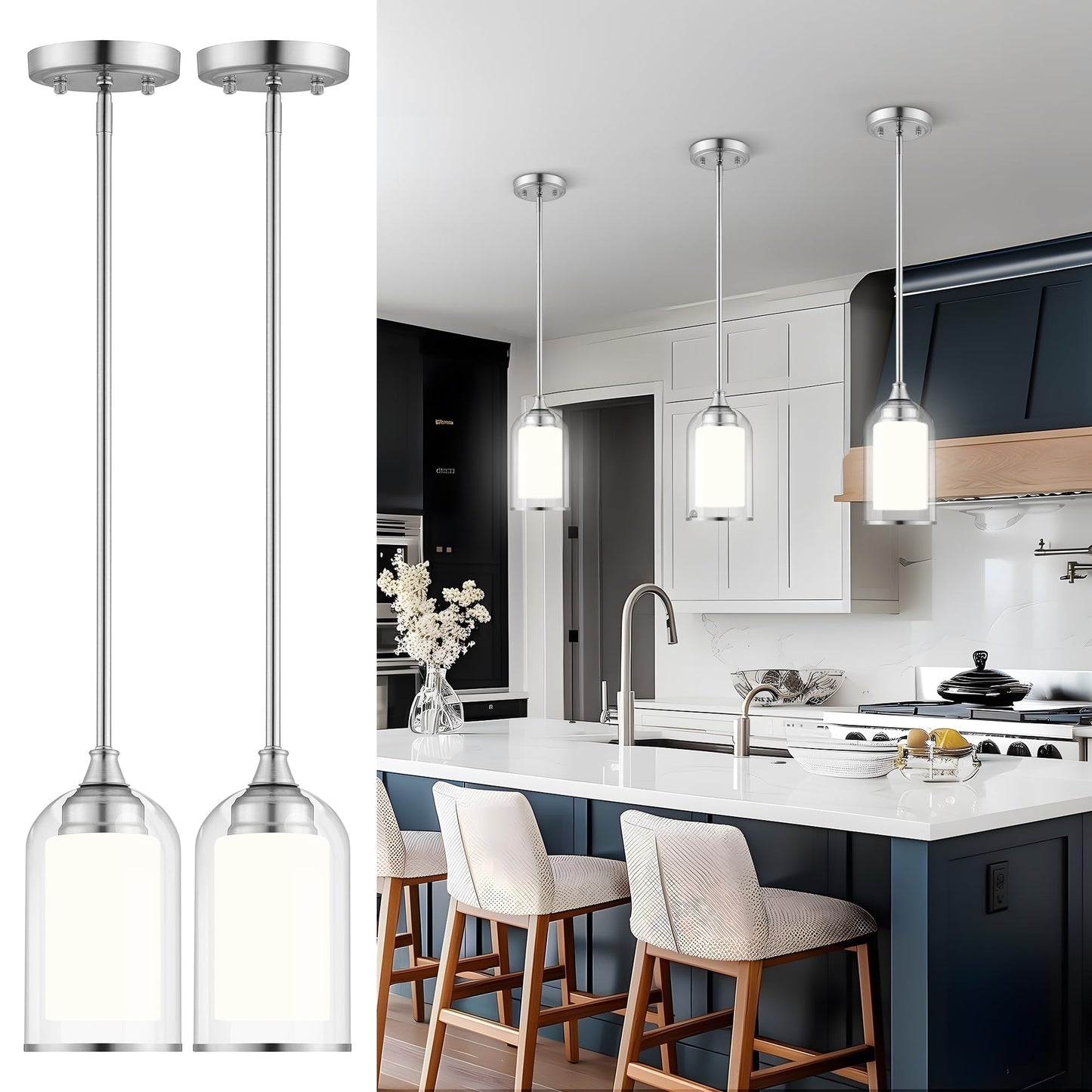 LIROUVET 2 Pack Pendant Light Fixtures, Modern Dual Glass Pendant Lights, Brushed Nickel Hanging Light with Clear and Milk Glass, Pendant Lights Kitchen Island for Dining Room PL02BN-2PK