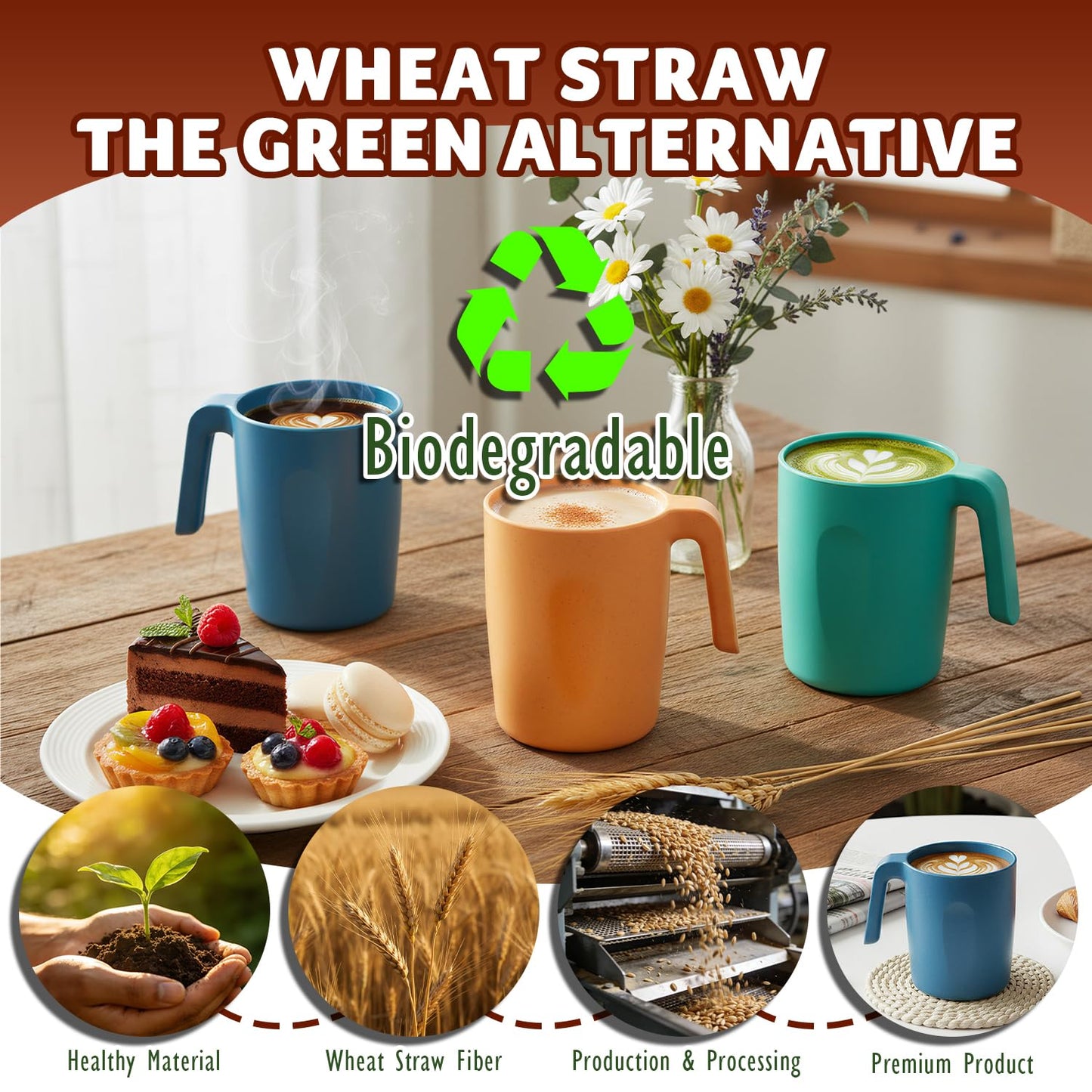 Perlapoc Coffee Mugs Set of 6, Wheat Straw Cups 16 OZ, Unbreakable Coffee Mugs with Handles, Reusable Tea Cup, Microwave Safe & Dishwasher Safe Coffee Tea Cups for Kitchen, Camping, RV, Multi