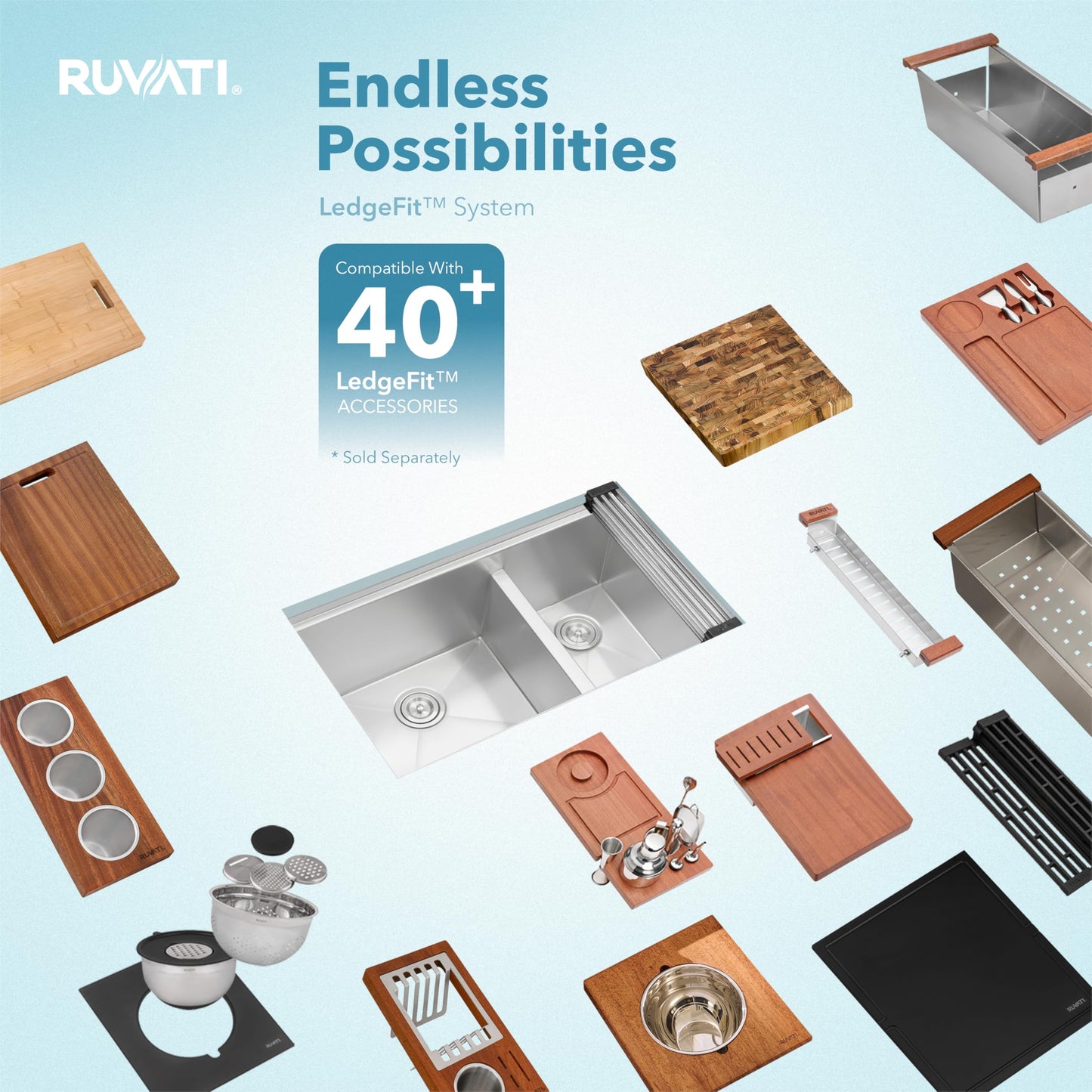 Ruvati 33-inch Workstation 60/40 Double Bowl Undermount 16 Gauge Stainless Steel Ledge Kitchen Sink - RVH8356