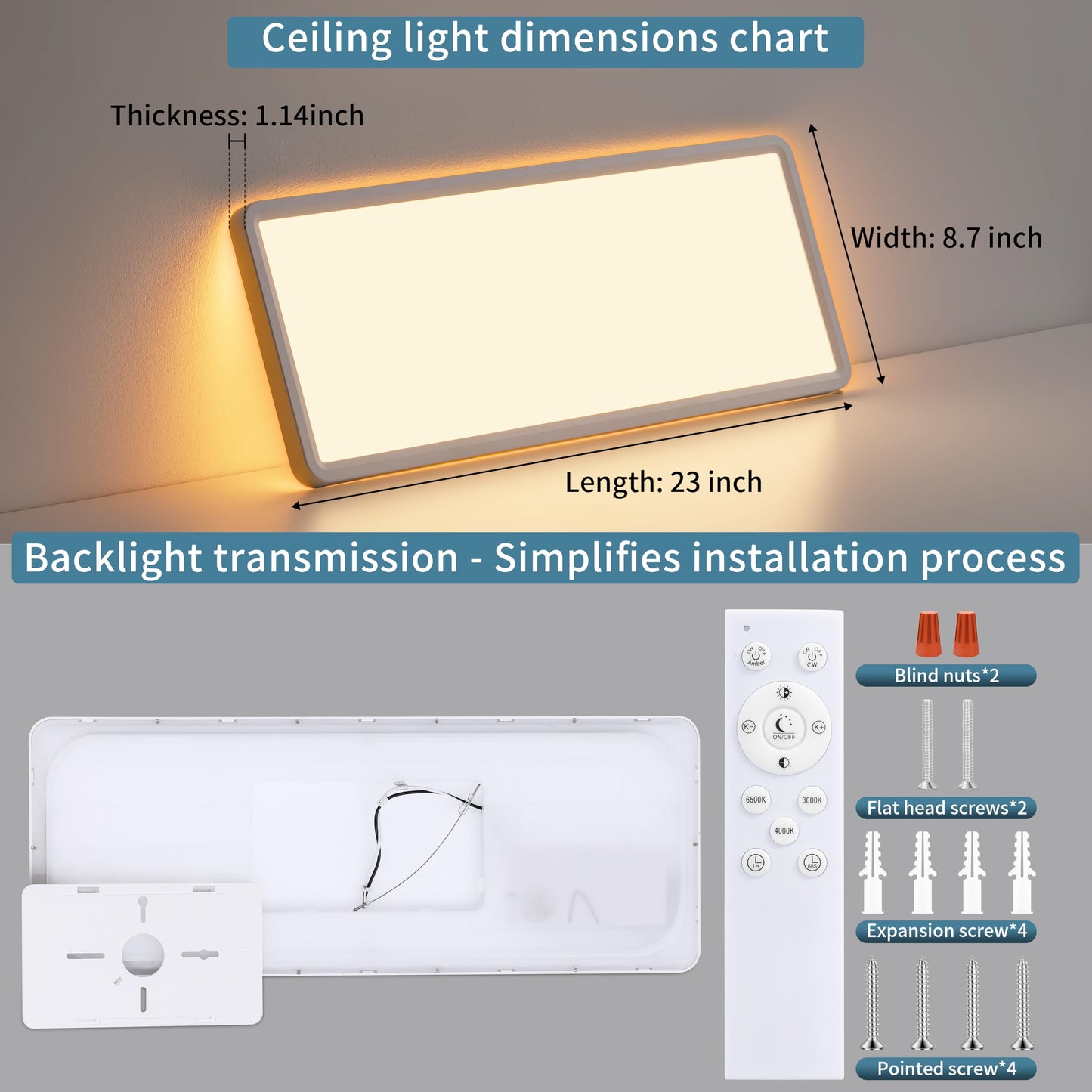 23 Inch Dimmable LED Flush Mount Ceiling Light Fixture with Remote, Square Low Profile Ceiling Light,3000K–6500K Color Changing,Night Light,White,for Bedroom,Kitchen,Living Room