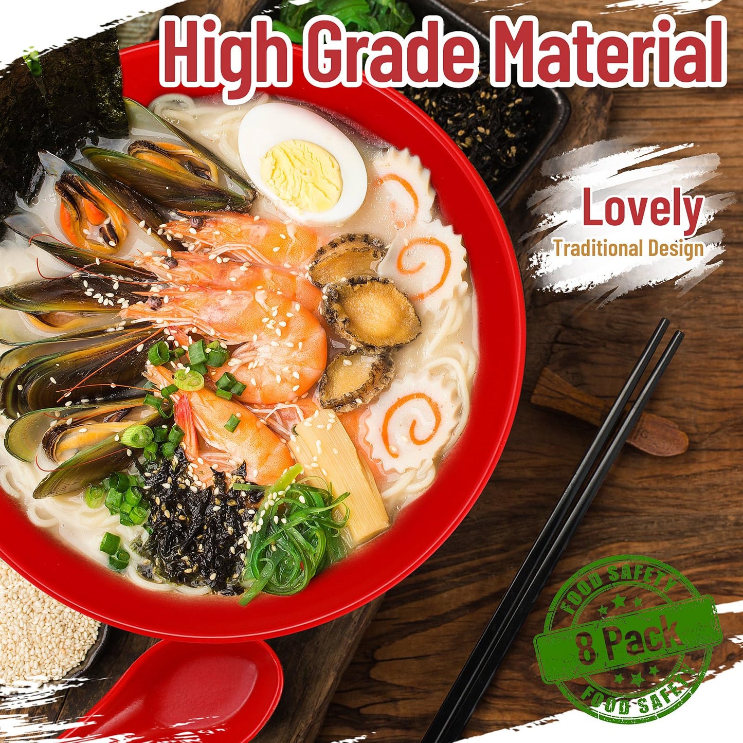 Eaasty 24 Pcs 8 Set Ramen Bowls Japanese Style Noodles Asian Chinese Large Soup Bowls with Spoons and Chopsticks for Ramen Pho Udon Soba Asian Dishes