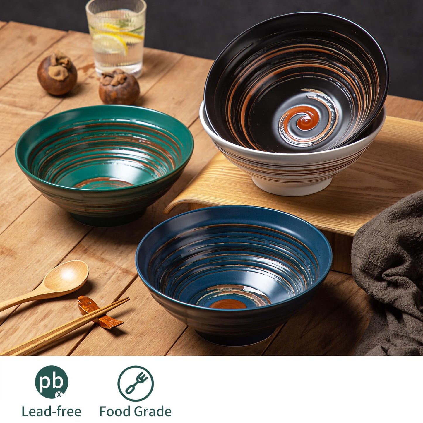 YUN TAO Ceramic Ramen Bowls Set of 4, 35 oz Large Japanese Style Serving Bowls for Salad,Udon, Soba, Pho,Pasta, Asian Soup Noodle (Multicolor - Set of 4)