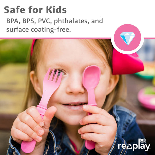 Re-Play Toddler Dinnerware Set - Spill-Proof Sippy Cup, 7" Divided Plate, Fork & Spoon - Durable Recycled Dining Set for Kids - Dishwasher & Microwave Safe - Made in USA - Pink