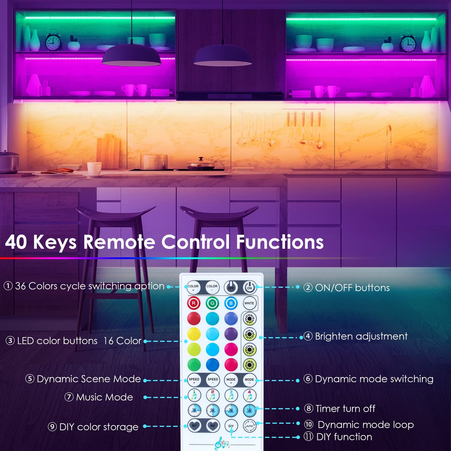 maylit 8 PCS 3.3FT Smart RGB Under Cabinet Lights Kit, Work with Alexa and Google Assistant, App and Remote Control, Music Sync Color Changing, Timer, Dimmable, for Cabinet, Counter, Shelf, Bookcase