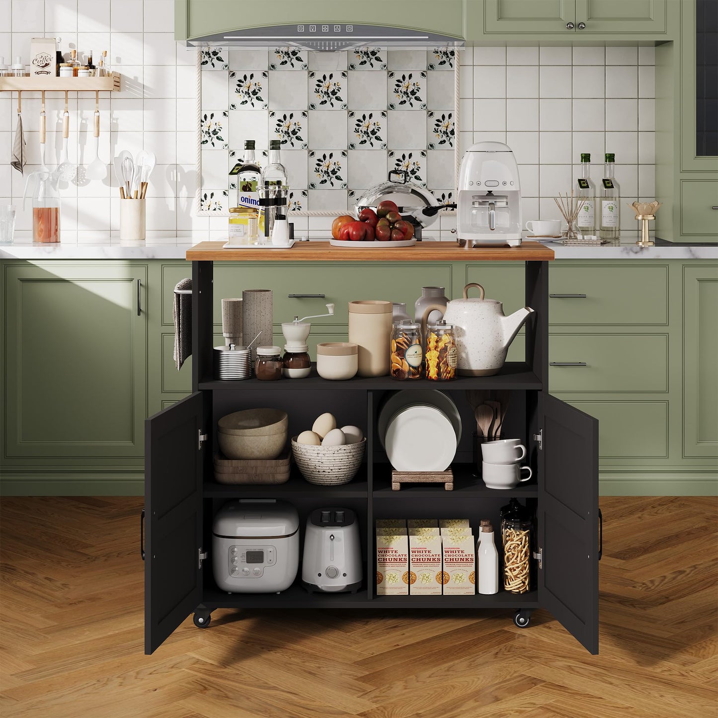 Garvee Rolling Kitchen Island with Storage Cabinet, 40.4'' Width Kitchen Cart, Portable Mobile Kitchen Island with Towel Rack, Wood Top and Lockable Wheels for Kitchen, Dining Room