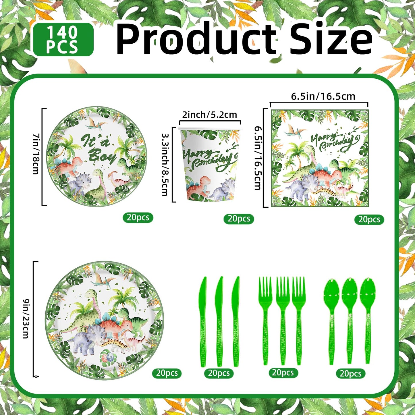 140Pcs Dinosaur Paper Plates and Napkins Set Dinosaur Party Supplies Wild Baby Shower Boys Birthday Decorations, Includes Dessert Plates Napkins Cups Forks Knives and Spoon for 20 Guests
