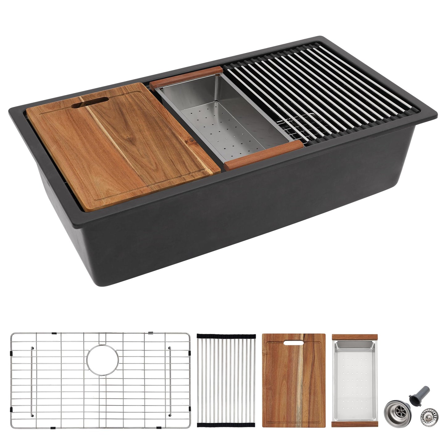 Fulorni 32"x19" Granite Composite Kitchen Sink - Undermount Matte Black Ledge Workstation Quartz Classic Under Counter Single Bowl Sink Basin