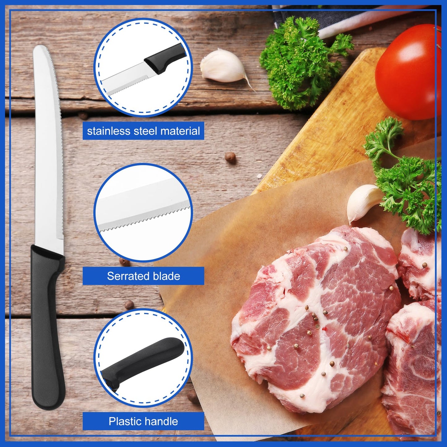 Zhehao 100 Pcs Steak Knives 8.39 Inches Rounded Serrated Steak Blade Knife Stainless Steel Round Tip Knife with Plastic Handle for Kitchen Butter Restaurant (Black)