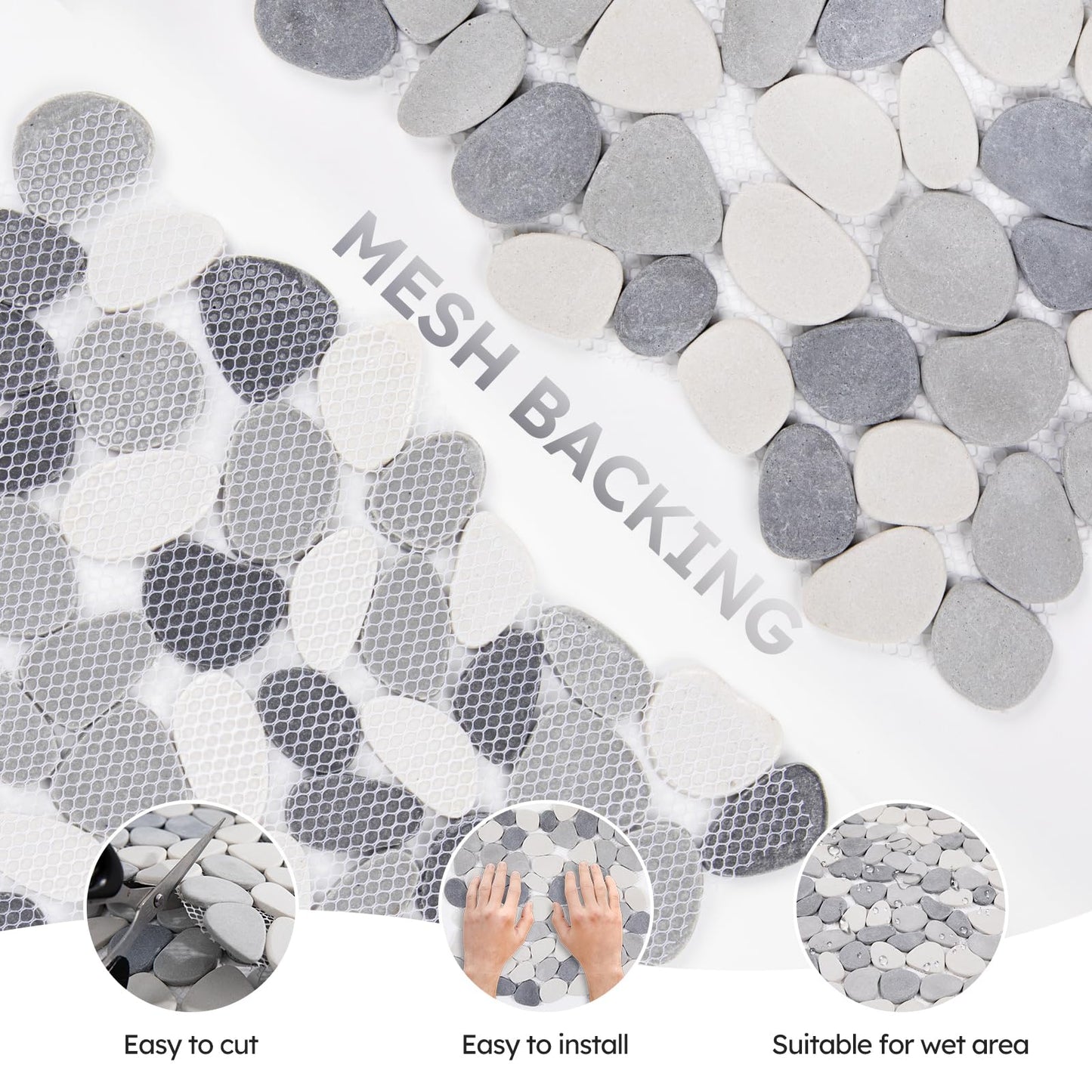 Diflart Pebble Tile for Shower Floor, Gray and White Oval, 5 Sheets, Pebble Backsplash for Kitchen Bathroom Wall and Floor Tile