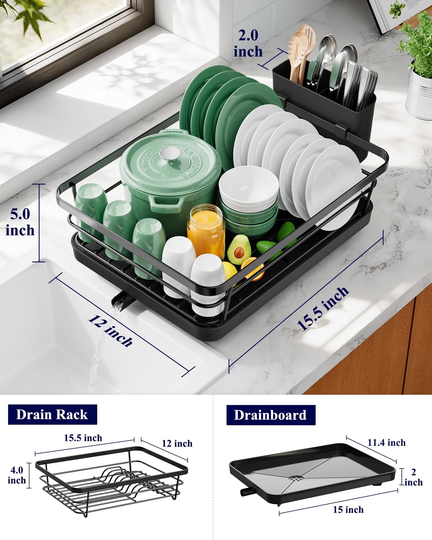 Kitsure Dish Drying Rack for Kitchen Counter, Stainless Steel Sink Organization and Storage Essentials with Cutlery Holder, Home and Appartment Decor, 12''W x 15.5''L, Black